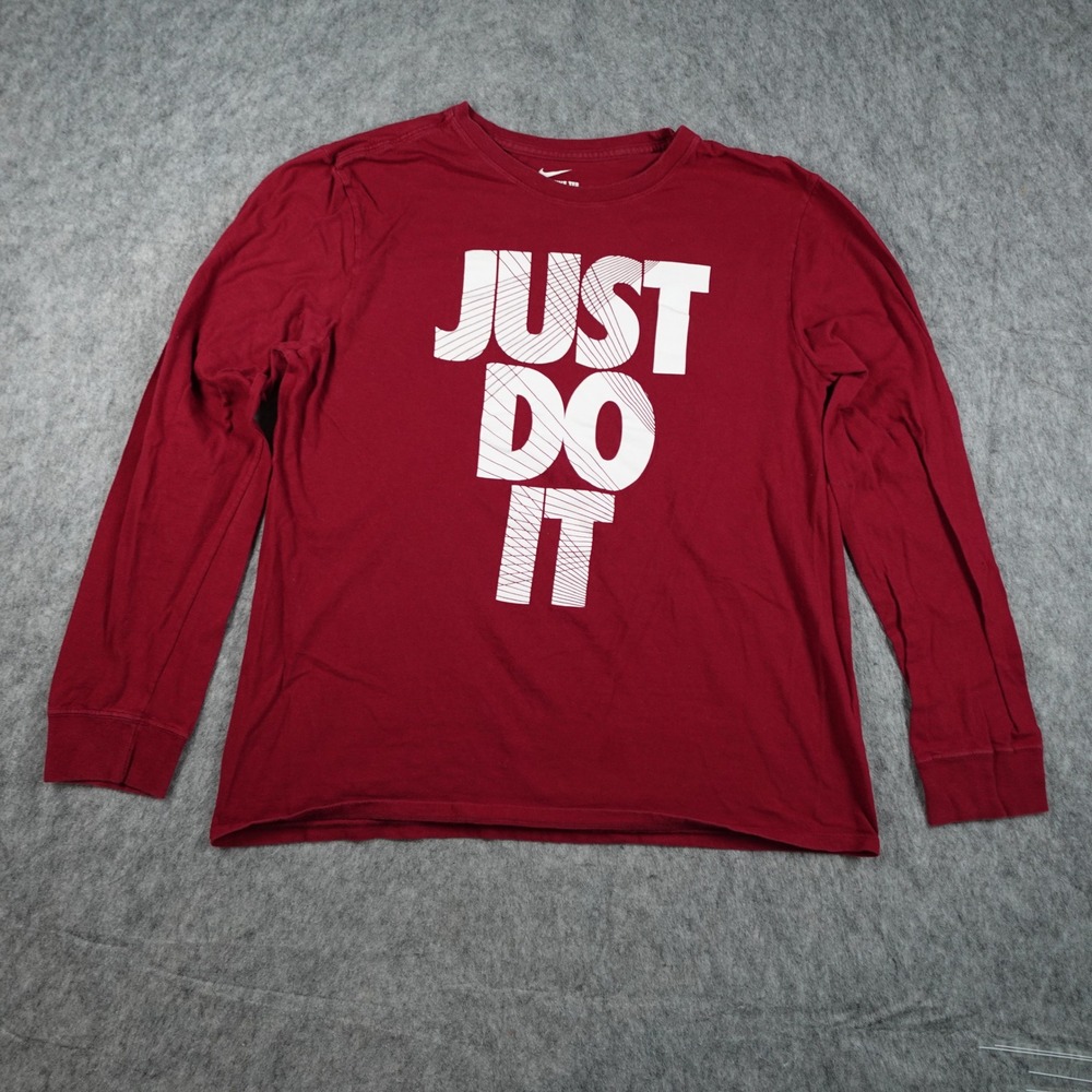 Nike Shirt Men Large Red Just Do It Graphic Long Sleeve Athletic Cut Crew Neck